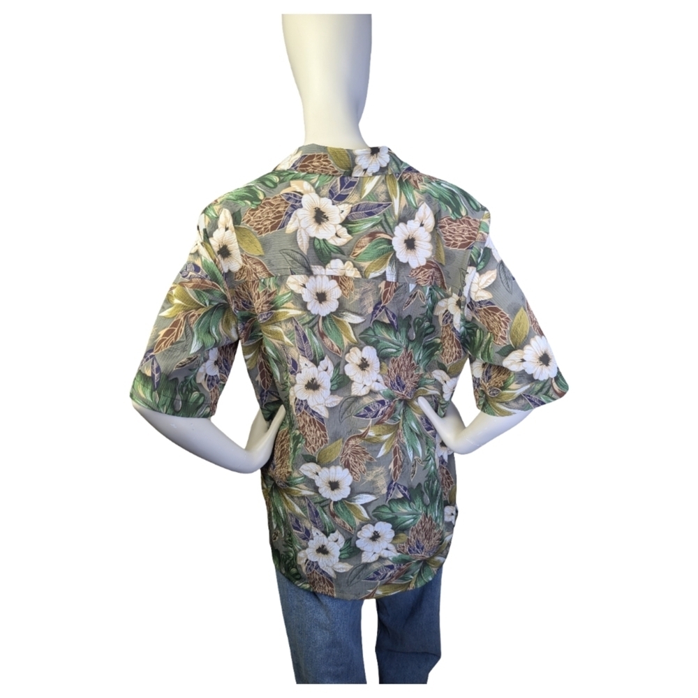 Vintage Alia Tropical Floral Blouse Green Leaf Button Front Shirt | Size Large - Picture 7 of 10